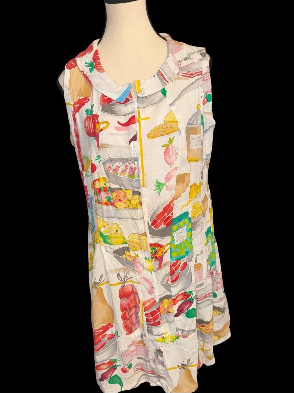 Vintage 69’s 70s Novelty Food Print Dress Lobster Deli Market Zip Front MuuMuu